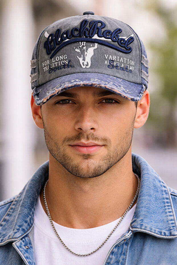 Black Rebel Embroidered Washed Distressed Style Adjustable Back Unisex Navy Blue Hat