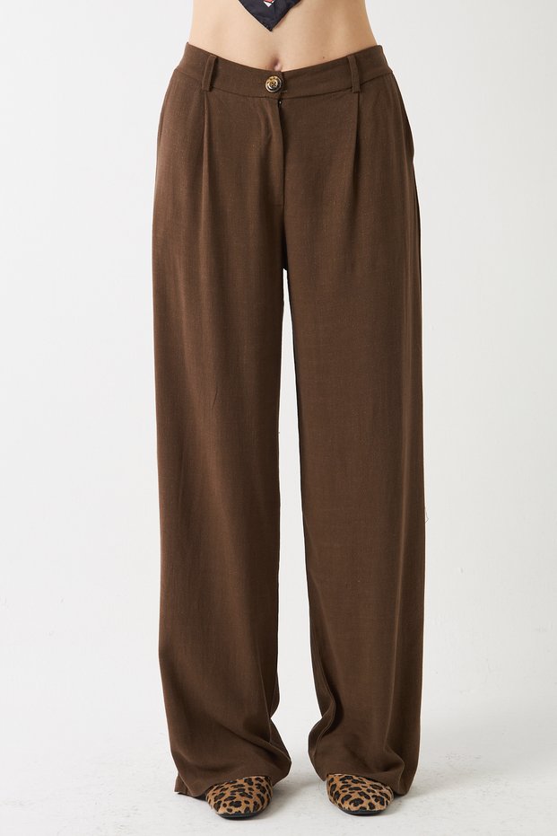 Women's Verona Trousers Brown – High Waist Pleated Wide Legs, Button Detail, Modern Cut, Linen