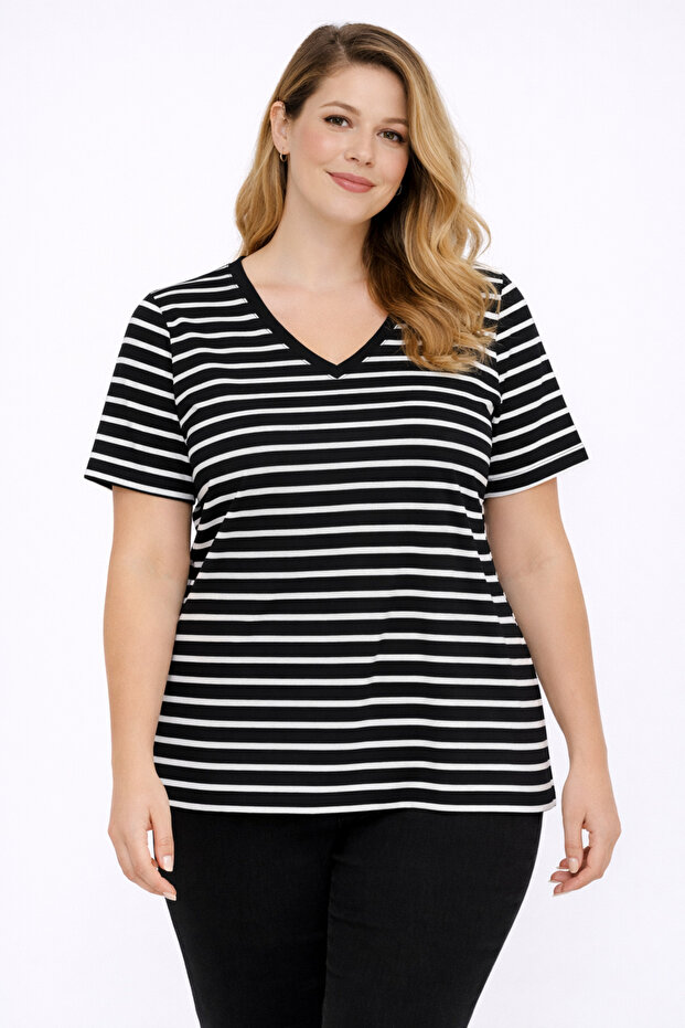 Women's Plus Size Black, Cotton Fabric, V-Neck Stripe Blouse 65N39094