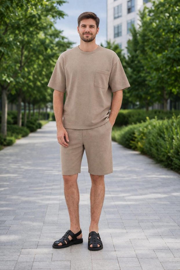 Tie-Dye Linen Look T-Shirt and Shorts Set with Pocket Detail