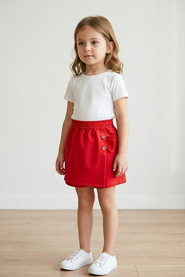 23 April Red Ruffled Button Detailed Girl's Shorts Skirt (Age 5-16)