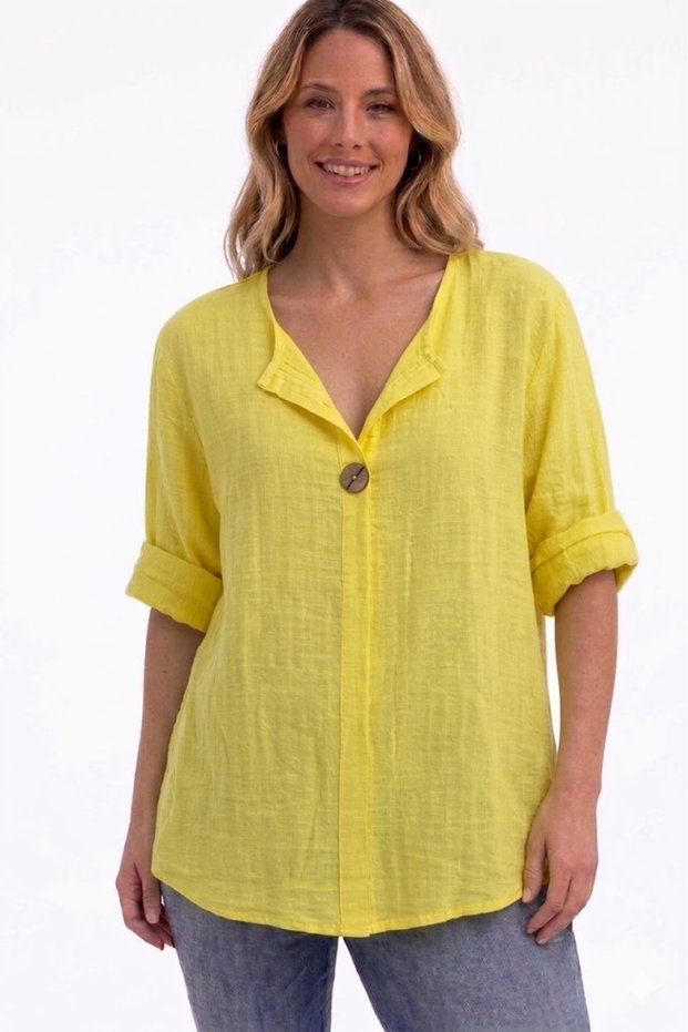 Women's Italian Yellow Button Detailed 3/4 Sleeve Oversized Casual 100% Cotton Blouse Tunic