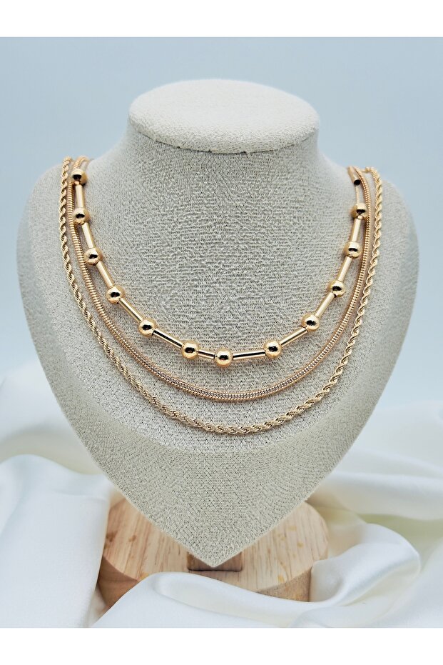 Rose Bead Detailed Multi-Chain Necklace Women's Combination Necklace I Special Boxed