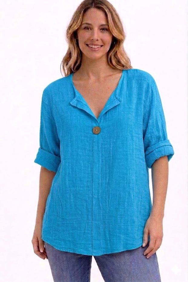 Women's Italian Turquoise Button Detailed 3/4 Sleeve Oversized Casual 100% Cotton Blouse Tunic