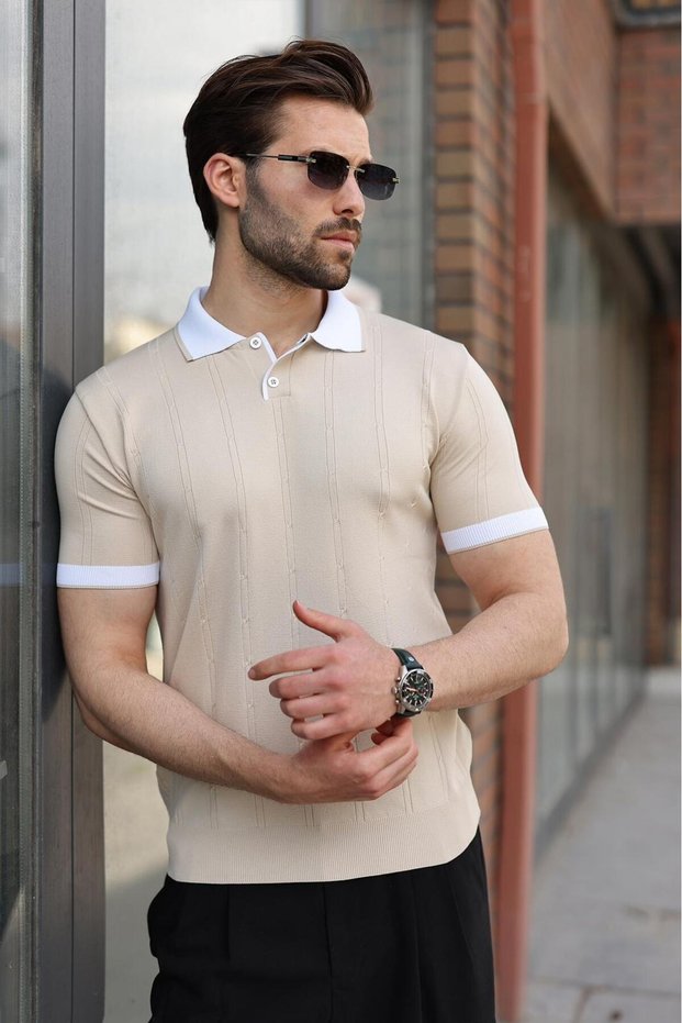 Stone Color Polo Collar Knitwear Men's T-Shirt E7470