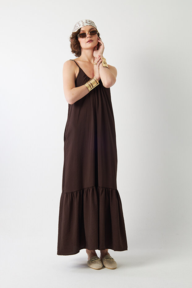 Women's Drawstring Collar Strap Long Dress Brown – Pocketed , Ruffled Design, Comfortable, Summer Lightweight Textured
