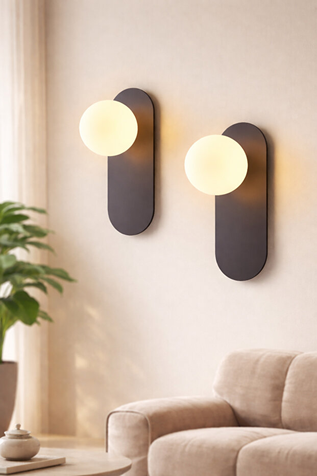 2Nd Set Ellipse Metal Sconce with Glop White Glass - 2 Pieces Black Concept Product - Modern Sconce Bedside ✨ Wall Sconce Modern Sconce Glass Sconce Decorative Sconce E-27 Sconce with Base Living Room Sconce Metal Sconce