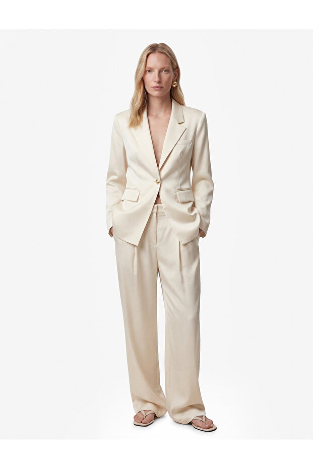 Regular Fit Wide Leg Pleated Satin Trousers with Pocket Detail