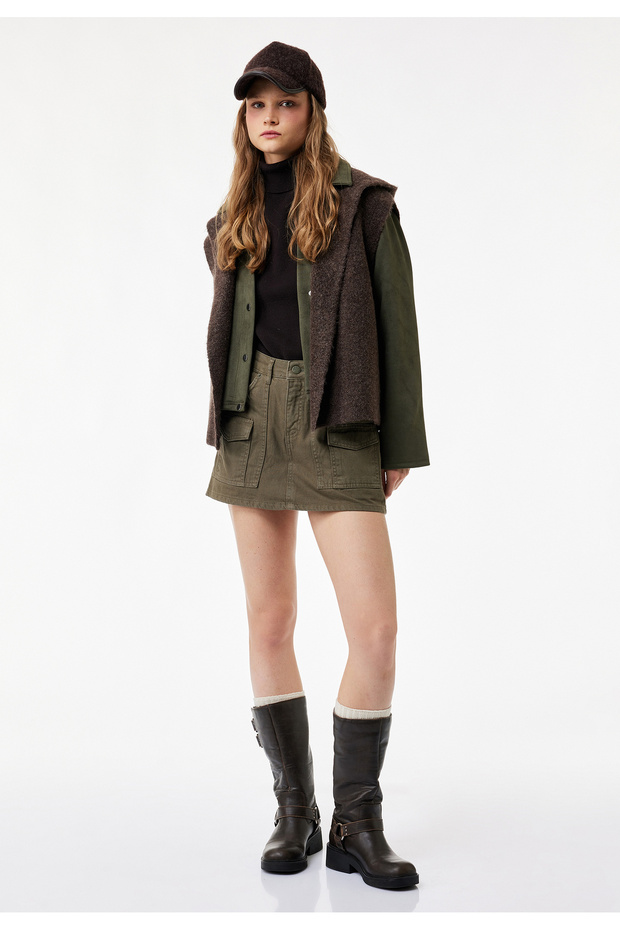 Classic Collar Long Sleeve Faux Suede Shirt with Snap Button Pocket Detail