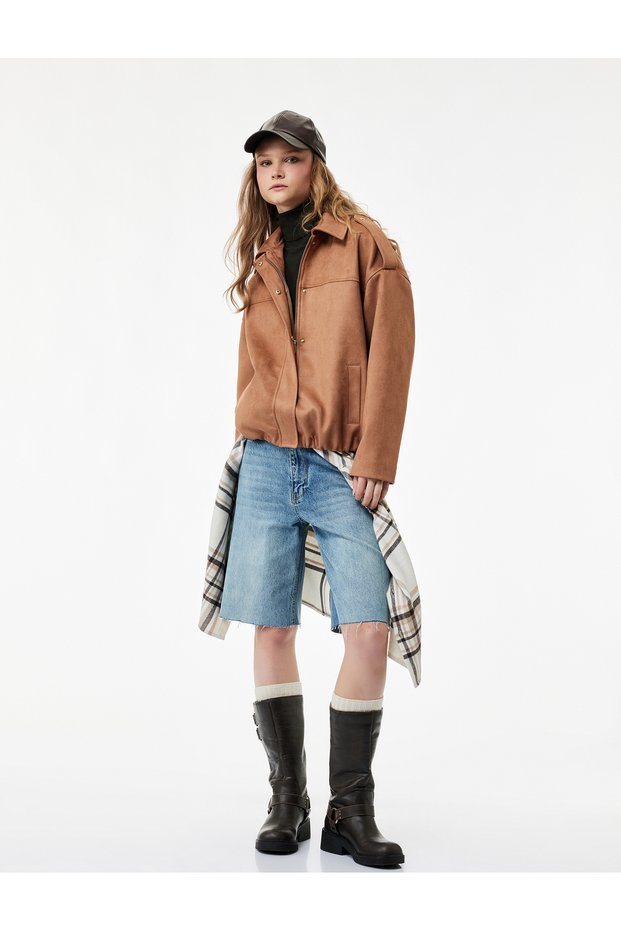 Long Sleeve Pocketed Faux Suede Oversized Bomber Jacket