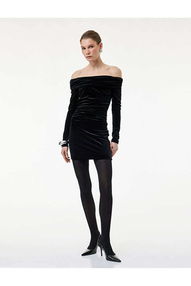 Slim Fit Long Sleeve Off-The-Shoulder Madonna Collar Mini Velvet Dress