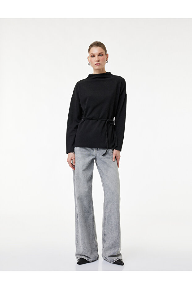 Regular Fit Long Sleeve Mock Neck Belted Sweater
