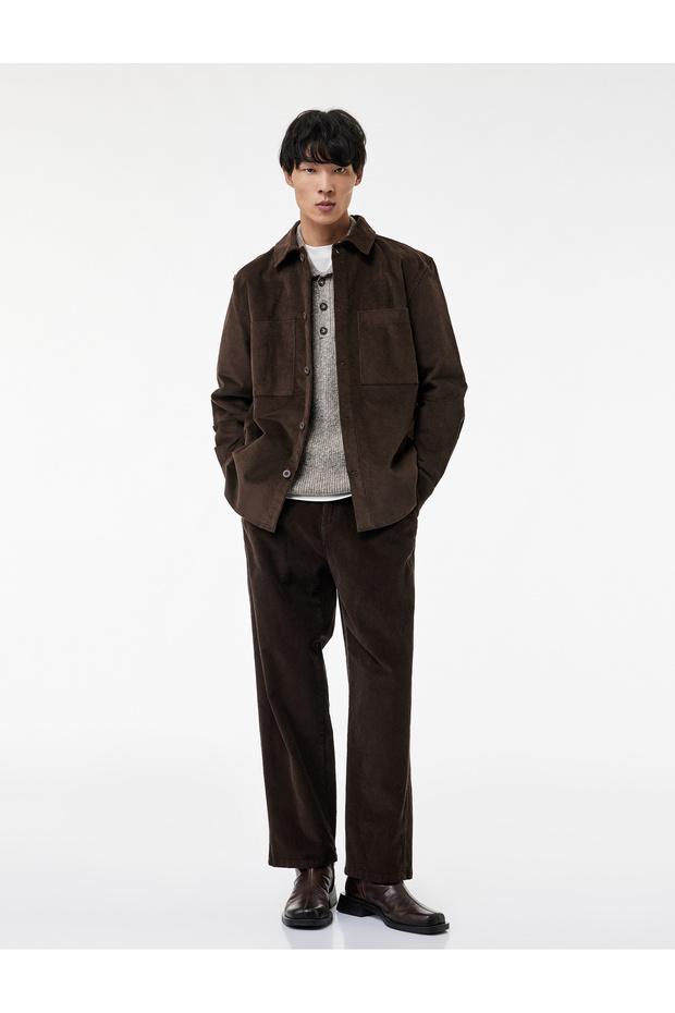 Regular Fit Cotton Pocket Classic Collar Long Sleeve Corded Fabric Velvet Shirt Jacket