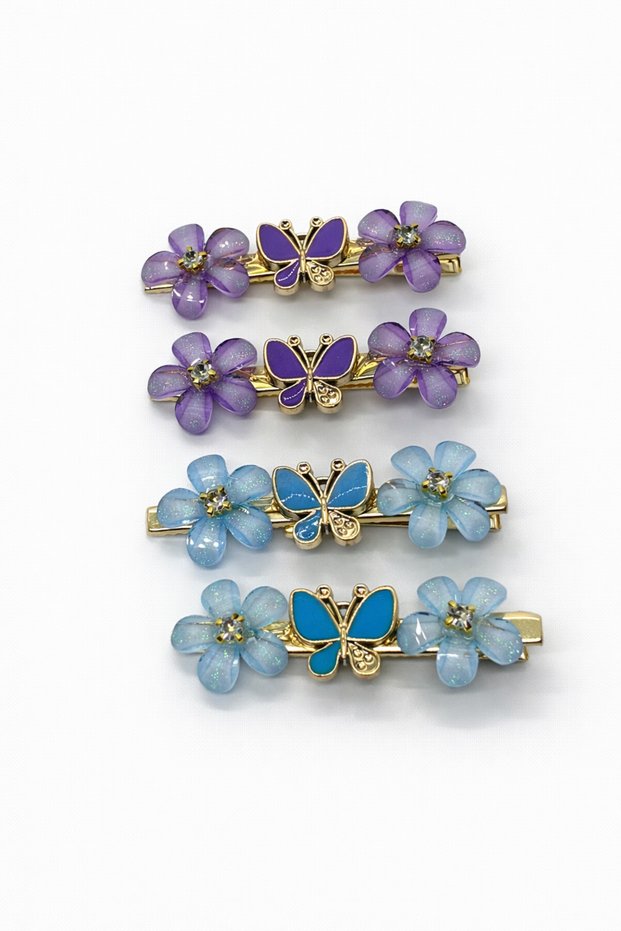 Girl's Hair Clip Set with Butterfly and Flower Detail, Colorful Hair Clips, 2-Piece/4-Piece Clip Set