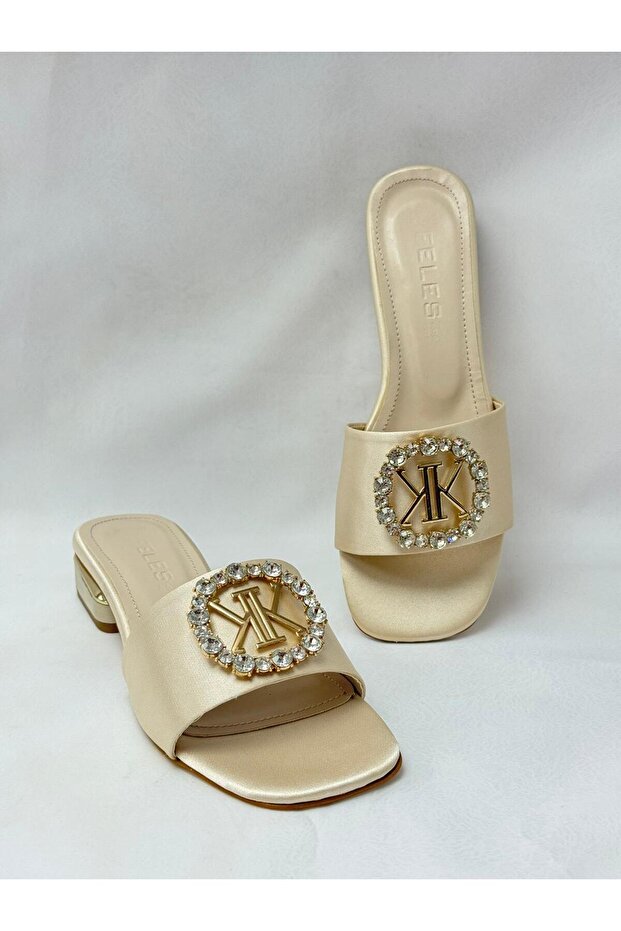Ll2718 Satin Material Imported Stone Fasteners Galvanized Heels a Quality Slippers Beige