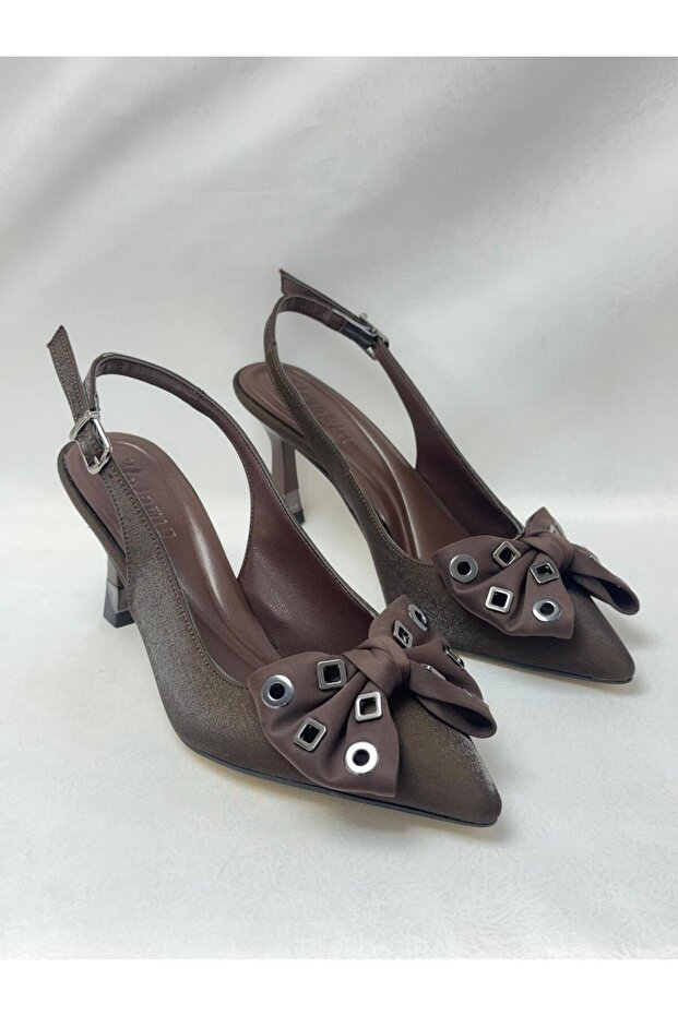 Ll2728 Satin Material, Special Design with Trockle Butterfly Bow, Galvanized Heel, Brown Shoes