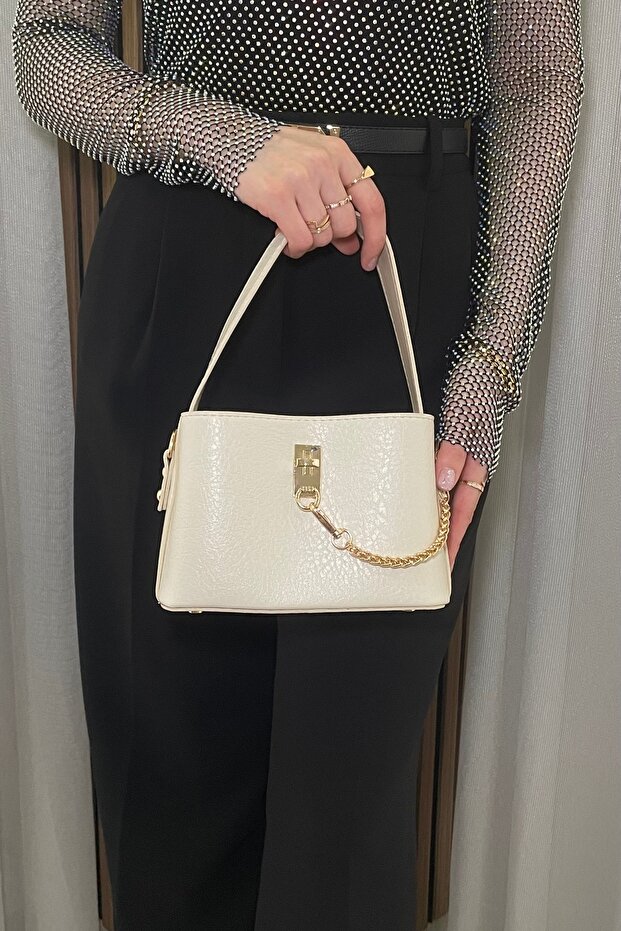Women's Beige Chain Accessory Detailed Hand and Shoulder Bag - Adjustable Long Strap, Daily Bag