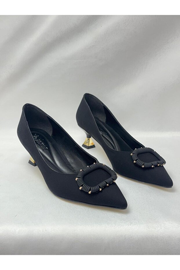 Ll2723 Satin Material Special Imported Buckle Special Design Galvanized Goggle Heel Shoes Black