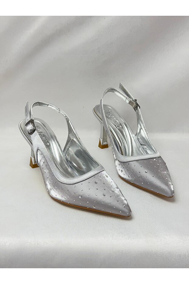Ll2724 Satin Material Special Stone Embroidered Special Design Heel Shoes with Inside Pad for Evening Wear Silver