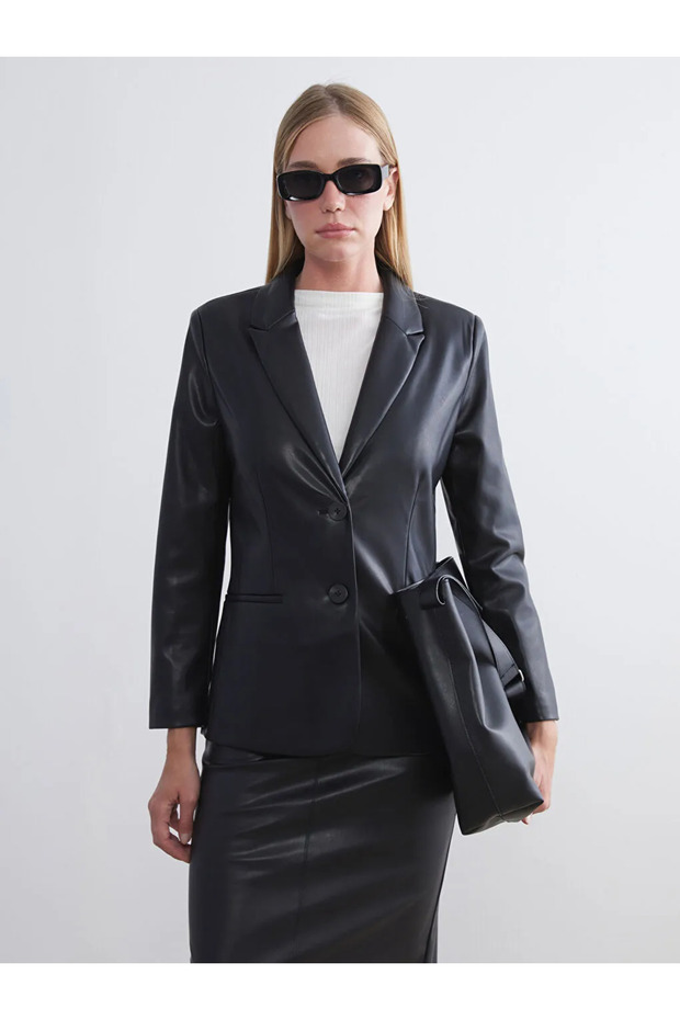 Lcwaikiki classic black women's Leather-Look blazer jacket