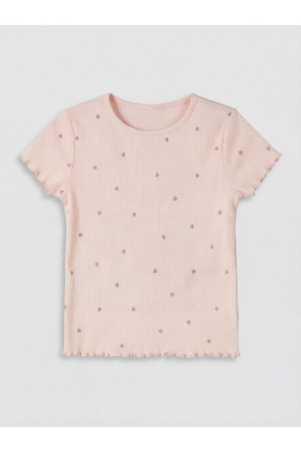 Lcw Kidspink Heart Patterned Ribbed Girls' T-Shirt