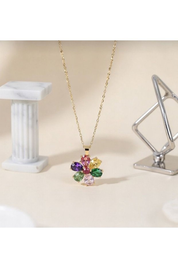 Colorful Flower Sparkle Gold Steel Necklace