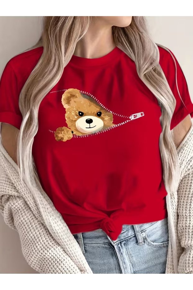 Women's Pocket Zipper Bear Printed Oversize T-Shirt