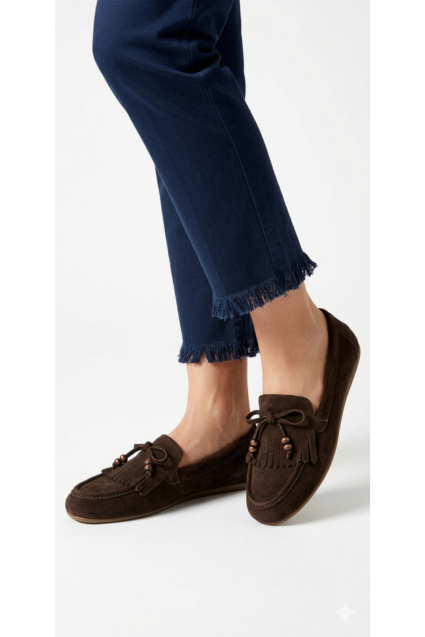 Women's Brown Suede Genuine Leather Loafer with Bead and Tassel Details Un001-033