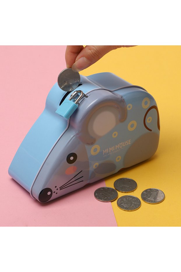 Metal Piggy Bank with Cute Mouse Figure - Children's Savings Box with Lock and Key, Blue