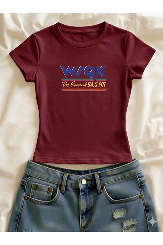 Wsqk Printed Lycra Slim Fit Short Sleeve Crew Neck Tee Crop