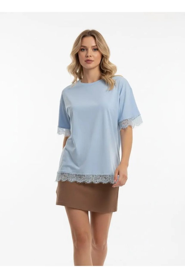 26006 100% Cotton Crew Neck Lace Detail Loose Combed Cotton Blouse