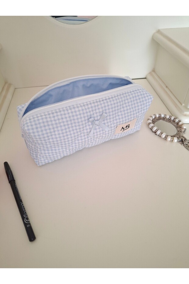 Blue Gingham Patterned Pencil Bag - 1