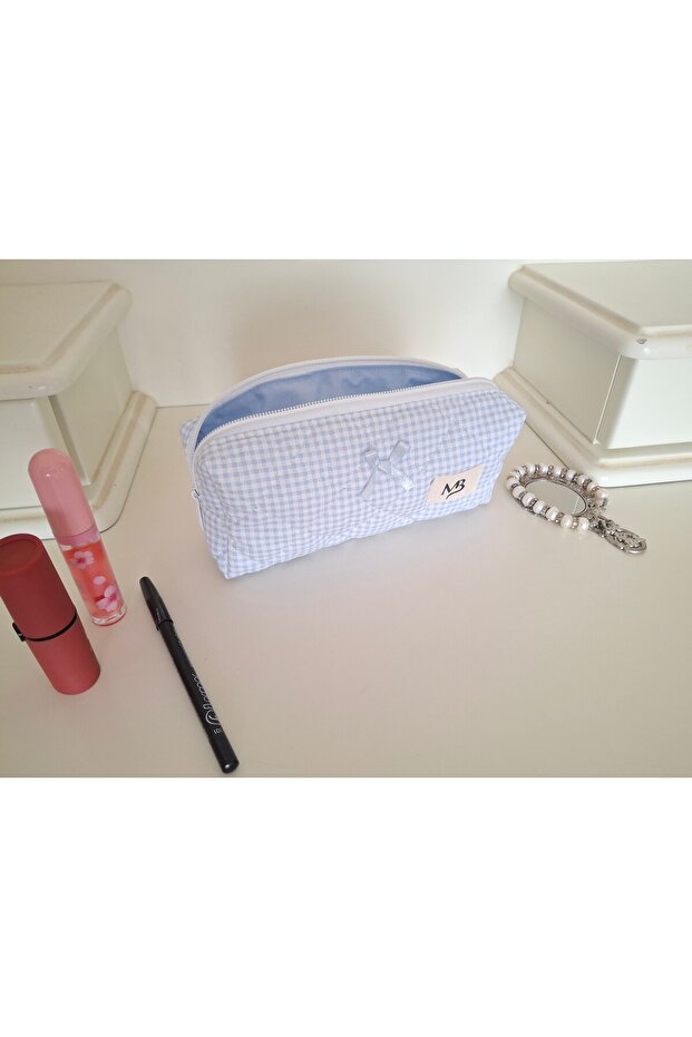 Blue Gingham Patterned Pencil Bag - 2