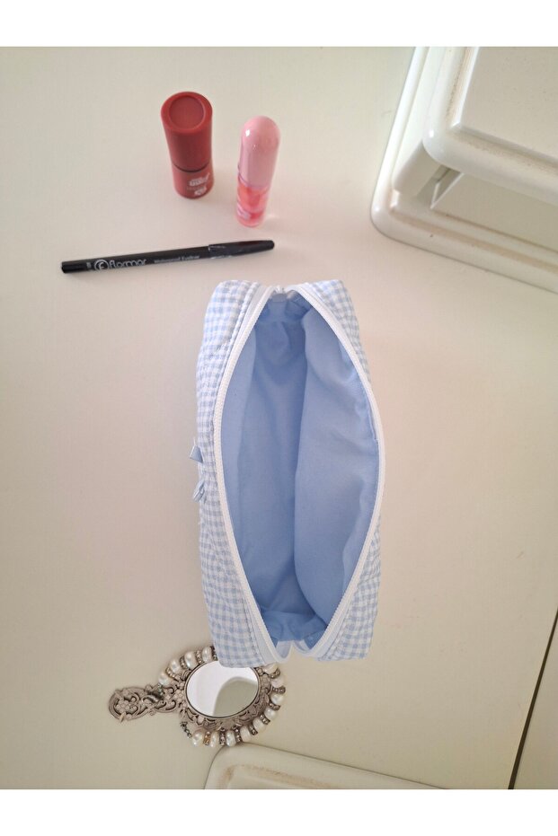 Blue Gingham Patterned Pencil Bag - 3
