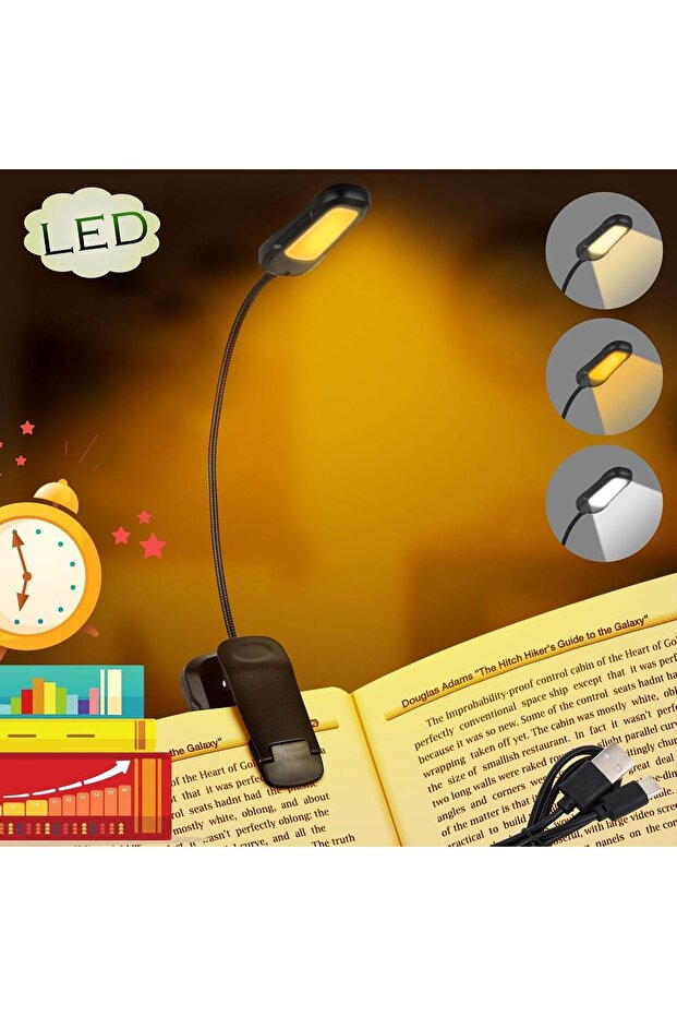 مصباح قراءة LED قابل لإعادة الشحن، إضاءة للقراءة قابلة للتركيب مع 3 درجات حرارة لونية، أذرع قابلة للثني