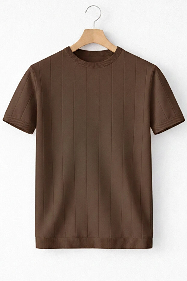 Men's Crew Neck Striped Knitwear T-Shirt Brown Cd163