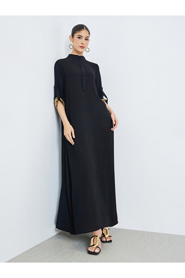 Black Stand Collar Jalabiya with Embroidered Sleeves