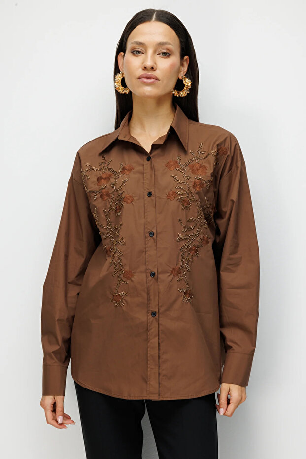 Floral Embroidered Oversize Cotton Shirt-2816