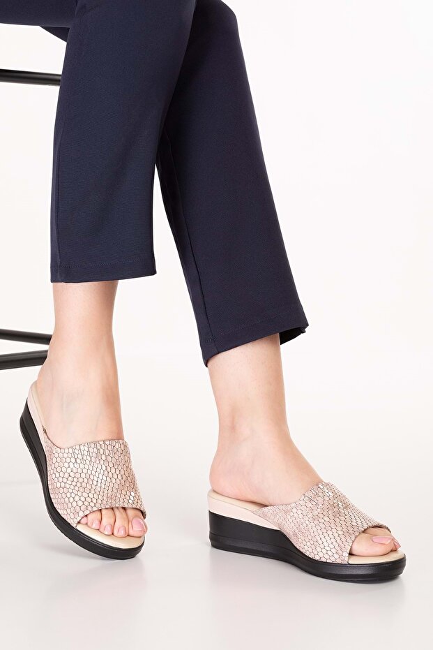 Genuine Leather House Slippers Özl.966 Beige Honeycomb