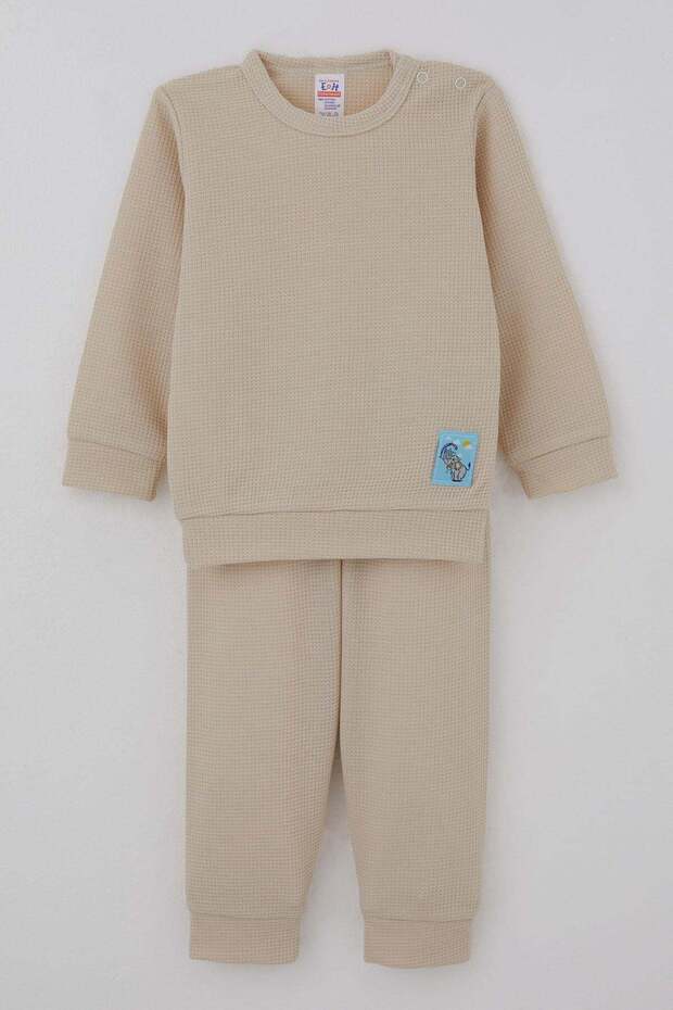 Baby Boy Pajama Set with Shoulder Patches and Cute Elephant Emblem, 4 Months-1 Year, Stone