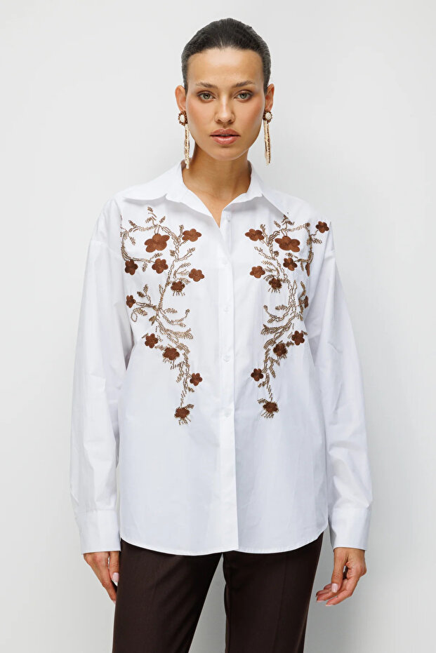 Floral Embroidered Oversize Cotton Shirt-2816