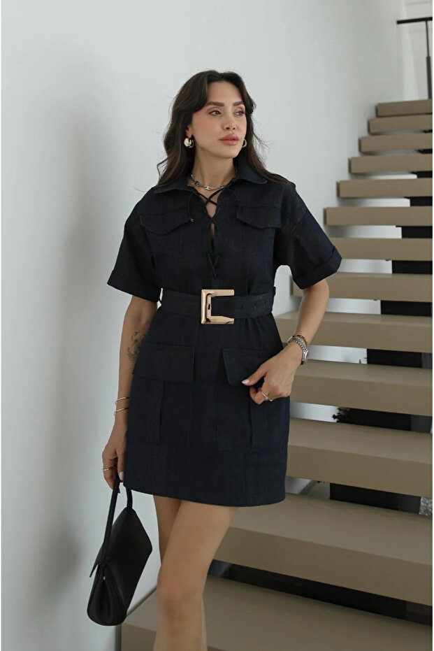 Navy Blue Square Belted Denim Dress - 0806