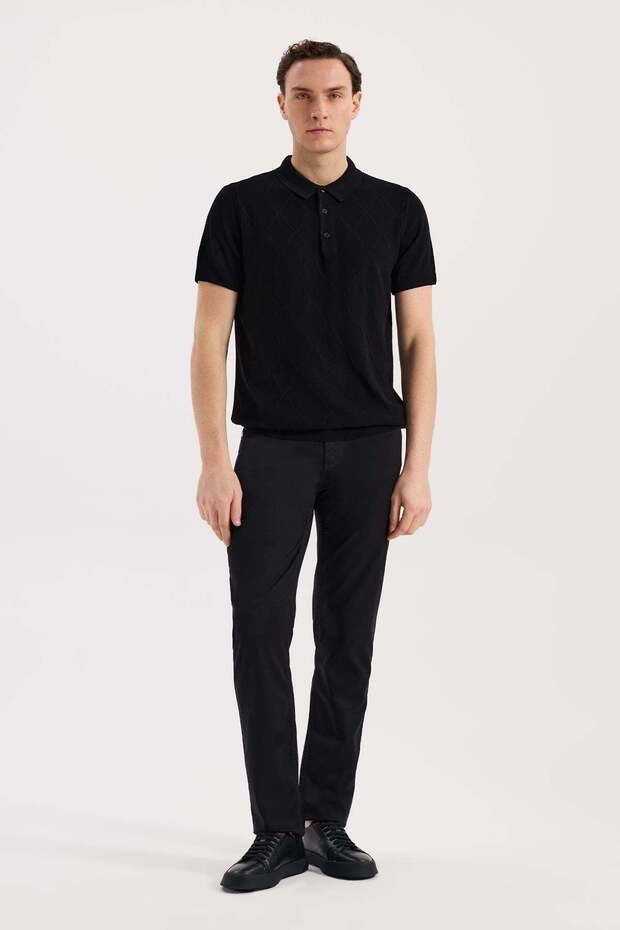 Black Slim Fit Patterned Knitwear Polo Neck T-Shirt