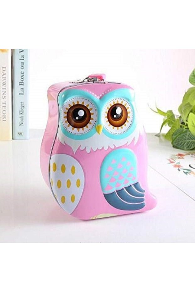 Owl Design Metal Piggy Bank - Children's Savings Box with Lock and Key Pink