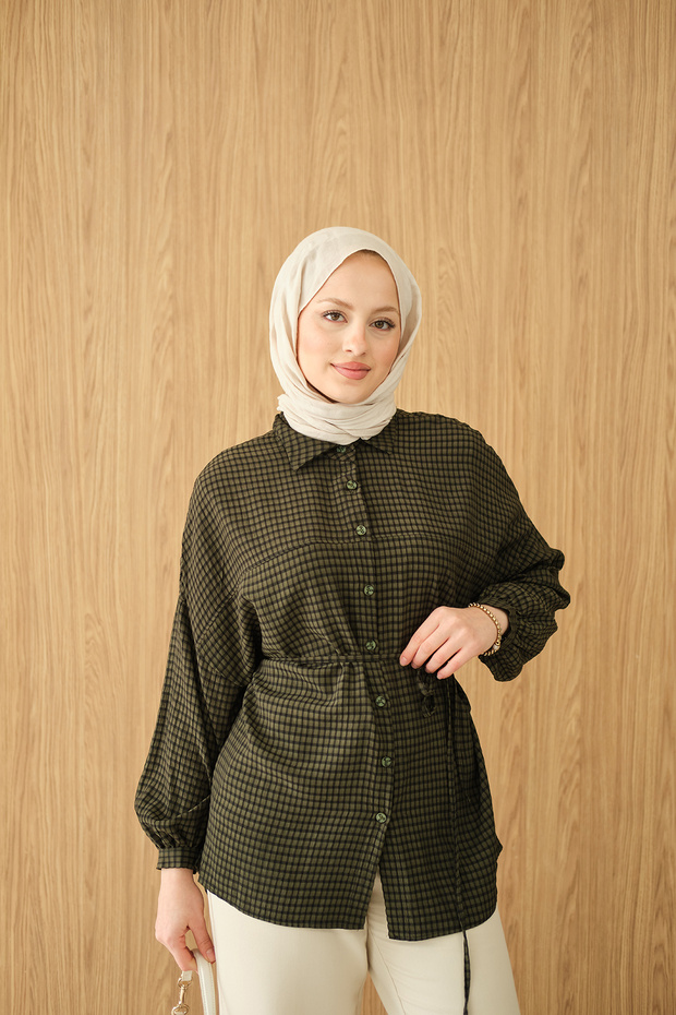 Women's Plaid Pattern Waist Tie Shirt Dark Green