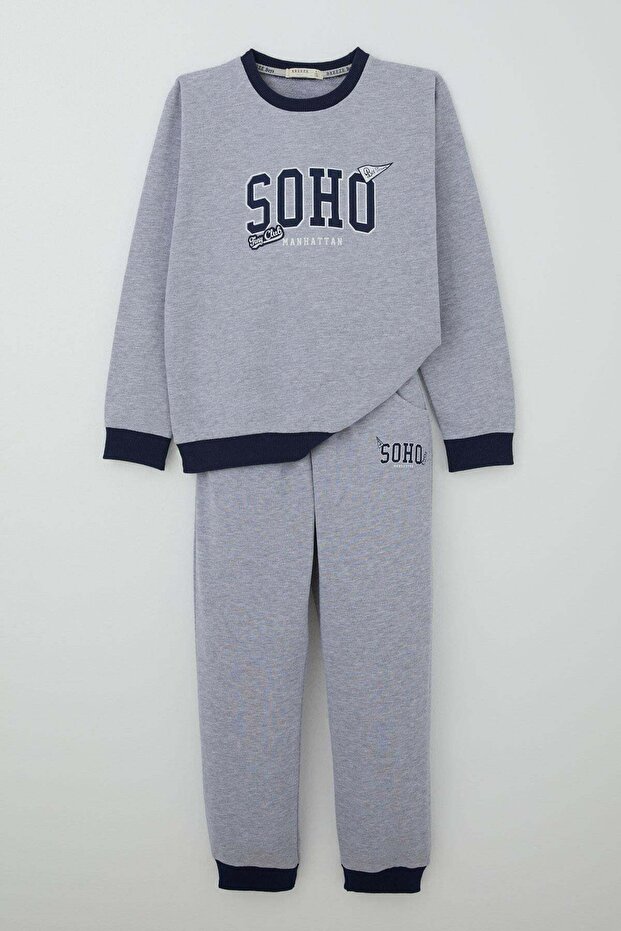 Boys' Tracksuit Set with Lettered Trousers and Pockets, Ages 4-8, Light Gray Melange