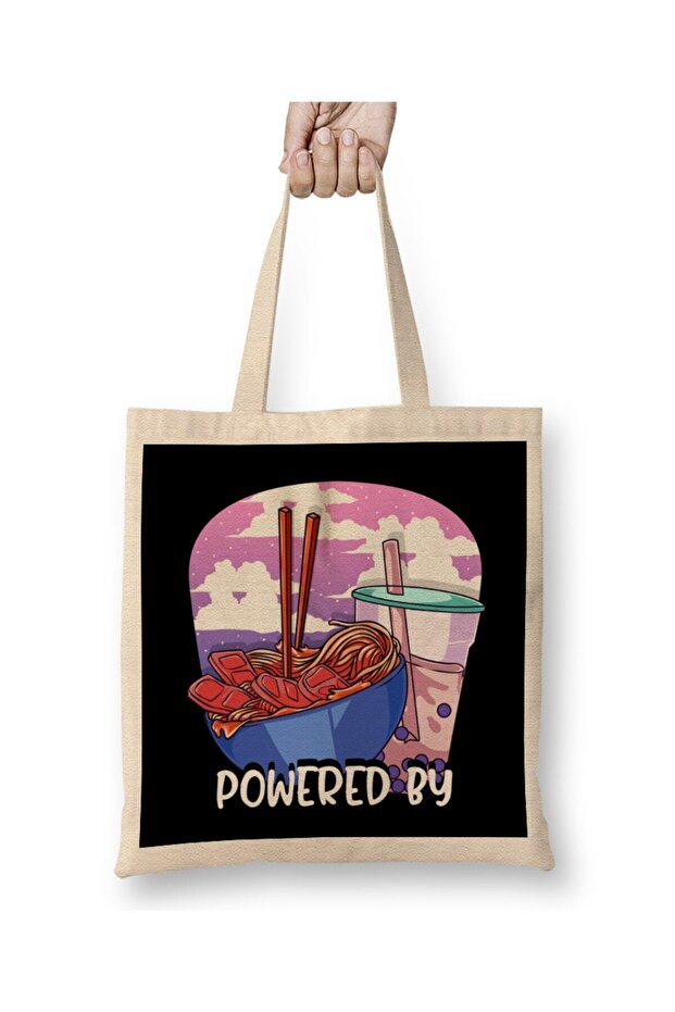 Powered By Ramen & Boba Tea Kawaii Anime Tote Bag Long Handle