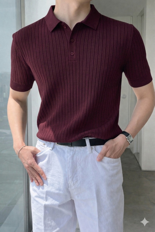 Men's Buttoned Ribbed Knitwear Polo T-Shirt Slim Fit