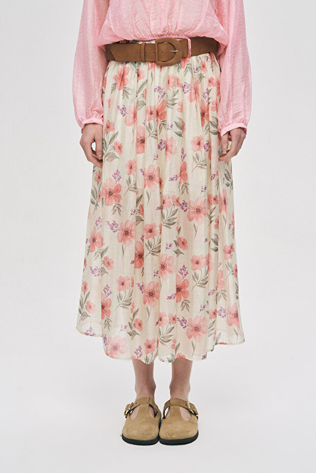 Women's Floral Patterned Belt Detailed Lined Skirt