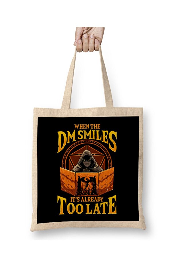 The Dungeon Master عندما يبتسم DM لقد فات الأوان بالفعل Dice Pun Tote Bag بمقبض طويل
